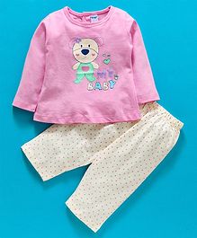 Tango Full Sleeves Tee And Lounge Pant Bear Print - White Pink Tango Full Sleeves Tee And Lounge Pant Bear Print - White Pink