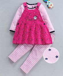 U R Cute Full Sleeves Tee With Pinafore Style Unicorn Print Dress & Bottom Set - Pink U R Cute Full Sleeves Tee With Pinafore Style Unicorn Print Dress & Bottom Set - Pink