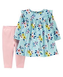 2-Piece Floral Jersey Dress & Striped Legging Set - Blue 2-Piece Floral Jersey Dress & Striped Legging Set - Blue