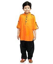Little Pockets Store Self Design Roll Up Full Sleeves Kurta & Pathani Set - Yellow Little Pockets Store Self Design Roll Up Full Sleeves Kurta & Pathani Set - Yellow