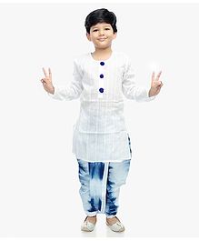 Little Pockets Store Full Sleeves Striped Kurta With Pom Pom Buttons - White Little Pockets Store Full Sleeves Striped Kurta With Pom Pom Buttons - White