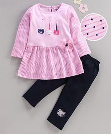 U R Cute Tiny Dot Print Full Sleeves Dress With Leggings - Pink U R Cute Tiny Dot Print Full Sleeves Dress With Leggings - Pink