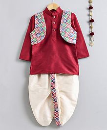 Jeet Ethnics Full Sleeves Kurta With Flower Embroidered Jacket & Dhoti Set - Pink & Off White Jeet Ethnics Full Sleeves Kurta With Flower Embroidered Jacket & Dhoti Set - Pink & Off White