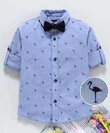 Robo Fry Full Sleeves Shirt Flamingo Print With Bow - Blue Robo Fry Full Sleeves Shirt Flamingo Print With Bow - Blue