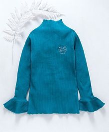 Stupid Cupid Bow Design Rib Knit Ruffled Full Sleeves Top - Blue Stupid Cupid Bow Design Rib Knit Ruffled Full Sleeves Top - Blue