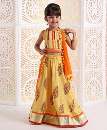 Kids Chakra Sleeveless Halter Neck Choli With Autumn Leaves Print Lehenga & Dupatta Set - Yellow Kids Chakra Sleeveless Halter Neck Choli With Autumn Leaves Print Lehenga & Dupatta Set - Yellow