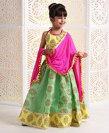 Kids Chakra Sleeveless Motif Print Choli With Lehenga - Green Kids Chakra Sleeveless Motif Print Choli With Lehenga - Green