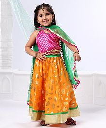 Kids Chakra Sleeveless Choli With Gold Peacock Print Lehenga & Dupatta - Pink & Yellow Kids Chakra Sleeveless Choli With Gold Peacock Print Lehenga & Dupatta - Pink & Yellow