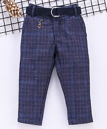 Noddy Checked Self Design Full Length Pants With Belt - Navy Blue Noddy Checked Self Design Full Length Pants With Belt - Navy Blue