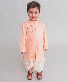 Tiber Taber Cow Embroidered Full Sleeves Kurta & Dhoti Set - Peach Tiber Taber Cow Embroidered Full Sleeves Kurta & Dhoti Set - Peach