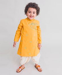 Tiber Taber Krishna Cow Herd Embroidered Full Sleeves Kurta & Dhoti Set - Yellow Tiber Taber Krishna Cow Herd Embroidered Full Sleeves Kurta & Dhoti Set - Yellow