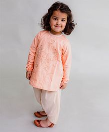 Tiber Taber Peacock Embroidered Full Sleeves Kurta & Dhoti Set - Peach Tiber Taber Peacock Embroidered Full Sleeves Kurta & Dhoti Set - Peach