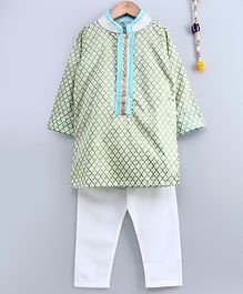 Frangipani Gold Moroccan Print Full Sleeves Kurta With Pajama - Light Green & White Frangipani Gold Moroccan Print Full Sleeves Kurta With Pajama - Light Green & White