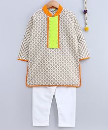 Frangipani Kids Lace Patch At Neckline Full Sleeves Kurta With Pajama - Orange Beige & White Frangipani Kids Lace Patch At Neckline Full Sleeves Kurta With Pajama - Orange Beige & White