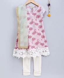 Frangipani Kids Flamingo Print Short Sleeves Kurti With Churidhar & Dupatta - Light Pink Frangipani Kids Flamingo Print Short Sleeves Kurti With Churidhar & Dupatta - Light Pink