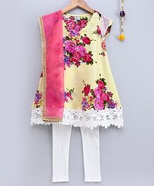 Frangipani Kids Flower Print Short Sleeves Kurti With Churidhar & Dupatta - Light Yellow Frangipani Kids Flower Print Short Sleeves Kurti With Churidhar & Dupatta - Light Yellow