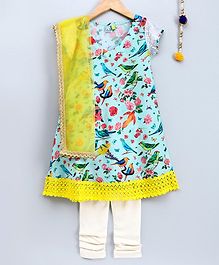 Frangipani Kids Birds Print Short Sleeves Kurti With Dupatta & Churidhar - Blue Frangipani Kids Birds Print Short Sleeves Kurti With Dupatta & Churidhar - Blue