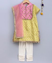 Frangipani Kids Gold Moroccan Print Short Sleeves Kurti With Dupatta & Churidhar - Yellow Frangipani Kids Gold Moroccan Print Short Sleeves Kurti With Dupatta & Churidhar - Yellow