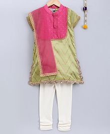 Frangipani Kids Printed Half Sleeves Kurti With Dupatta & Churidhar - Green Frangipani Kids Printed Half Sleeves Kurti With Dupatta & Churidhar - Green