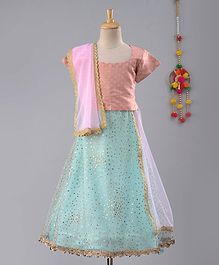 Frangipani Kids Gold Moroccan Print Half Sleeves Choli With Dupatta & Lehenga - Pink & Blue Frangipani Kids Gold Moroccan Print Half Sleeves Choli With Dupatta & Lehenga - Pink & Blue