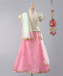 Frangipani Kids Gold Moroccan Print Half Sleeves Choli With Dupatta & Lehenga - Green & Pink Frangipani Kids Gold Moroccan Print Half Sleeves Choli With Dupatta & Lehenga - Green & Pink