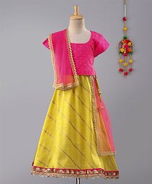 Frangipani Kids Gold Print Dots Half Sleeves Choli With Dupatta & Lehenga - Pink & Yellow Frangipani Kids Gold Print Dots Half Sleeves Choli With Dupatta & Lehenga - Pink & Yellow
