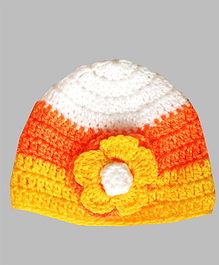 Knits & Knots Flower Decorated Crochet Cap - Orange Yellow & White Knits & Knots Flower Decorated Crochet Cap - Orange Yellow & White