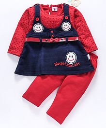 U R Cute Full Sleeves Polka Dot Print Smiley Patch Dress With Leggings - Red U R Cute Full Sleeves Polka Dot Print Smiley Patch Dress With Leggings - Red