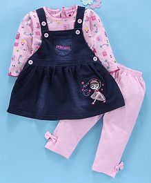 U R Cute Full Sleeves Castle Print Top With Pinafore Dress & Leggings Set - Pink U R Cute Full Sleeves Castle Print Top With Pinafore Dress & Leggings Set - Pink