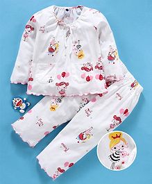 Teddy Full Sleeves Night Suit Cartoon Print - White Teddy Full Sleeves Night Suit Cartoon Print - White