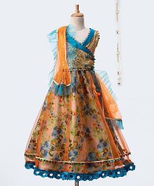 Pspeaches Sequin Angrakha Style Sleeveless Choli With Floral Print Lehenga & Dupatta - Blue & Orange Pspeaches Sequin Angrakha Style Sleeveless Choli With Floral Print Lehenga & Dupatta - Blue & Orange