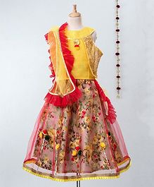 Pspeaches Cold Shoulder Half Sleeves Choli With Flower Print Lehenga & Dupatta - Yellow & Red Pspeaches Cold Shoulder Half Sleeves Choli With Flower Print Lehenga & Dupatta - Yellow & Red