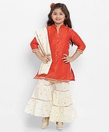 Bitiya By Bhama Three Fourth Sleeves Kurta With Block Print Sharara & Dupatta - Orange Bitiya By Bhama Three Fourth Sleeves Kurta With Block Print Sharara & Dupatta - Orange