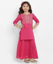 Bitiya By Bhama Golden Lace Detailed Three Fourth Sleeves Kurta With Block Print Lehenga - Pink Bitiya By Bhama Golden Lace Detailed Three Fourth Sleeves Kurta With Block Print Lehenga - Pink