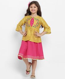 Bitiya By Bhama Three Fourth Sleeves Embroidered Jacket With Dress - Yellow & Pink Bitiya By Bhama Three Fourth Sleeves Embroidered Jacket With Dress - Yellow & Pink