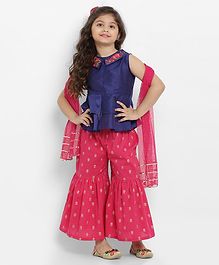 Bitiya By Bhama Floral Embroidered Sleeveless Peplum Top With Sharara & Net Dupatta - Blue Bitiya By Bhama Floral Embroidered Sleeveless Peplum Top With Sharara & Net Dupatta - Blue