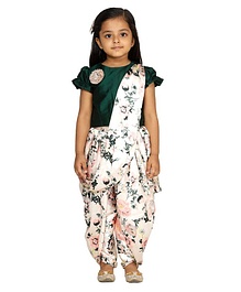 Lilpicks Couture Short Sleeves Top With Flower Printed Saree Style Dhoti - Green Lilpicks Couture Short Sleeves Top With Flower Printed Saree Style Dhoti - Green