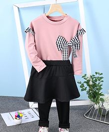 Kookie Kids Full Sleeves Top & Skeggings With Check Bow Motif - Pink Black Kookie Kids Full Sleeves Top & Skeggings With Check Bow Motif - Pink Black
