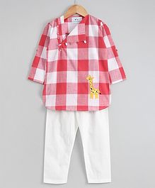 Knitting Doodles Checkered Full Sleeves Kurta With Pyjama - Pink & White Knitting Doodles Checkered Full Sleeves Kurta With Pyjama - Pink & White