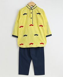 Knitting Doodles Moustache Patch Full Sleeves Kurta With Pyjama - Yellow & Blue Knitting Doodles Moustache Patch Full Sleeves Kurta With Pyjama - Yellow & Blue