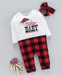Kookie Kids Full Sleeves Checks Romper With Headband Santa Baby Print - White Red Kookie Kids Full Sleeves Checks Romper With Headband Santa Baby Print - White Red
