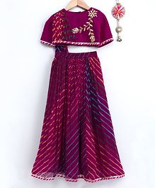 Neha Gursahani Flower Lace Detailed Half Sleeves Choli With Attached Dupatta & Leheriya Lehenga - Purple Neha Gursahani Flower Lace Detailed Half Sleeves Choli With Attached Dupatta & Leheriya Lehenga - Purple