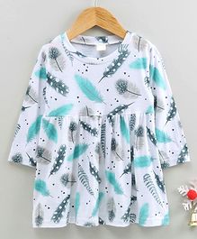Kookie Kids Full Sleeves Frock Feather Print - White Blue Kookie Kids Full Sleeves Frock Feather Print - White Blue