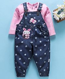 U R Cute Full Sleeves Tee With Polka Dot Print Dungaree - Pink & Navy Blue U R Cute Full Sleeves Tee With Polka Dot Print Dungaree - Pink & Navy Blue