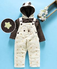 U R Cute Star Print Full Sleeves Hooded Jacket With Dungaree - Light Yellow & Brown U R Cute Star Print Full Sleeves Hooded Jacket With Dungaree - Light Yellow & Brown