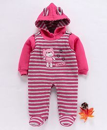U R Cute Full Sleeves Jacket With Striped Dungaree Romper - Pink U R Cute Full Sleeves Jacket With Striped Dungaree Romper - Pink