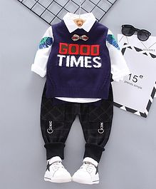 Kookie Kids Full Sleeves Shirt With Jeans & Sweater Vest Good Times Patch - Navy Blue Black Kookie Kids Full Sleeves Shirt With Jeans & Sweater Vest Good Times Patch - Navy Blue Black