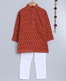 Jeet Ethnics Full Sleeves Motif Print Kurta With Pyjama - Brown & White Jeet Ethnics Full Sleeves Motif Print Kurta With Pyjama - Brown & White