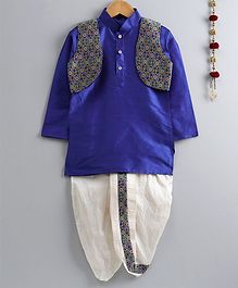 Jeet Ethnics Solid Full Sleeves Kurta With Jacket & Dhoti - Navy Blue Jeet Ethnics Solid Full Sleeves Kurta With Jacket & Dhoti - Navy Blue