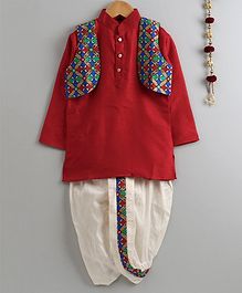 Jeet Ethnics Full Sleeves Kurta With Floral Print Jacket & Dhoti - Maroon Jeet Ethnics Full Sleeves Kurta With Floral Print Jacket & Dhoti - Maroon